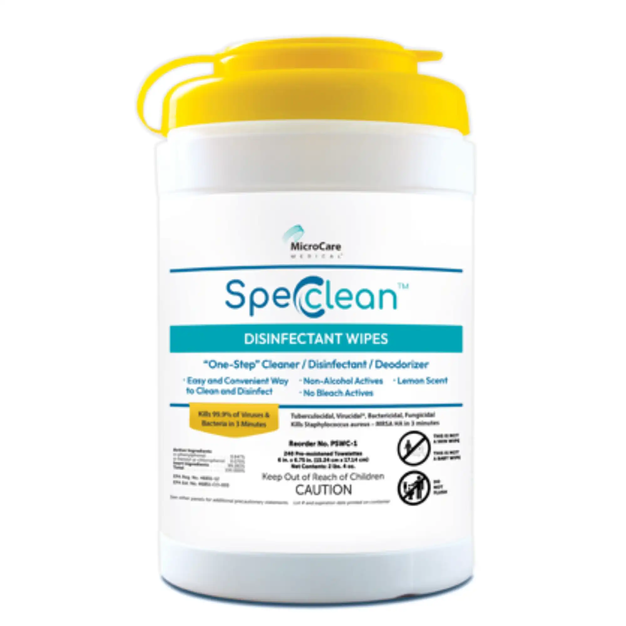 Spec Clean Disinfectant Wipes, Canister, 6" x 6.75", 240 Wipes, Lemon Scented, PSWC-1 - Spec Clean Disinfectant Wipes, PSWC-1 - Image 1