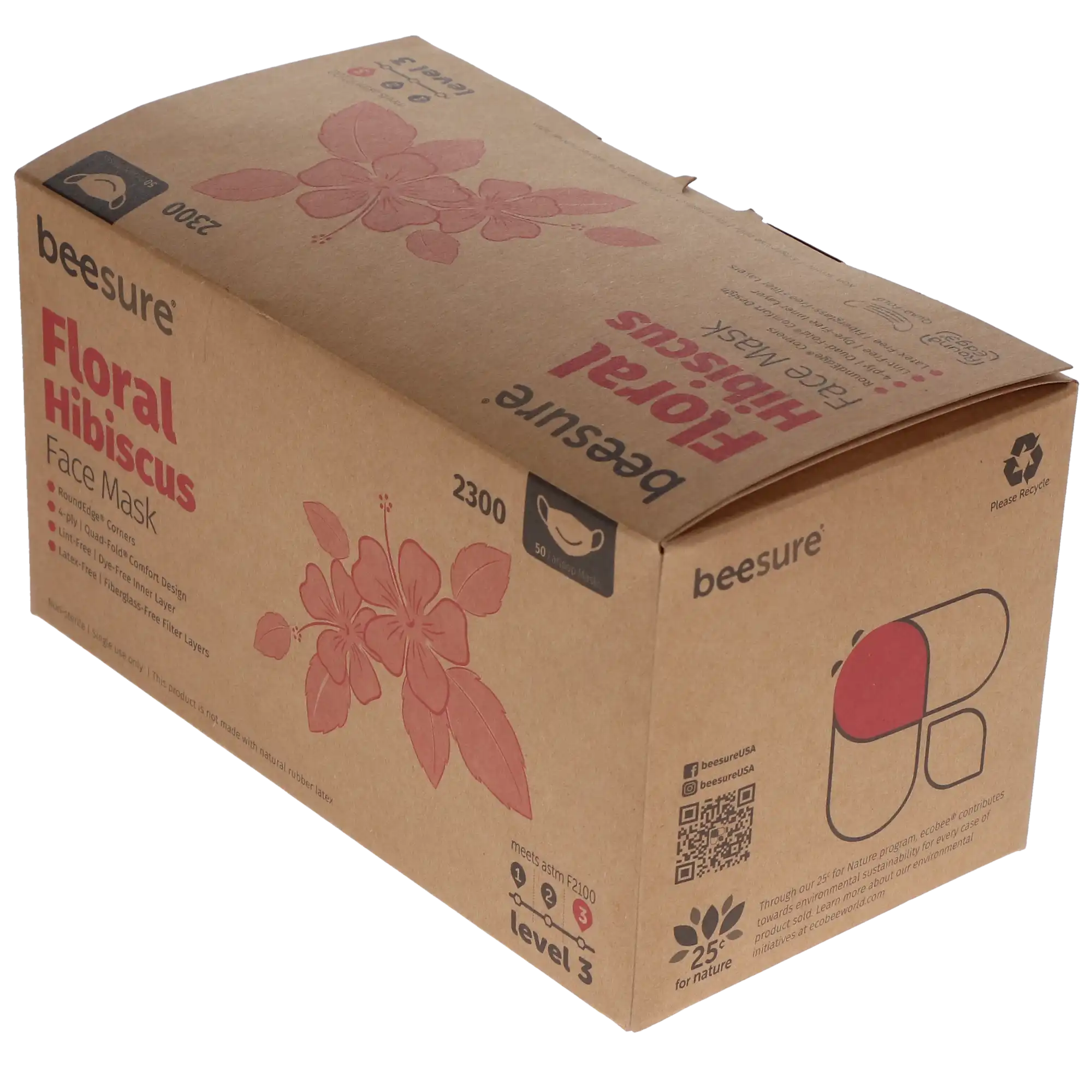 BeeSure Floral Earloop Face Mask, ASTM Level 3, Hibiscus Pink, 50/Box, BE2300 thumbnail 3
