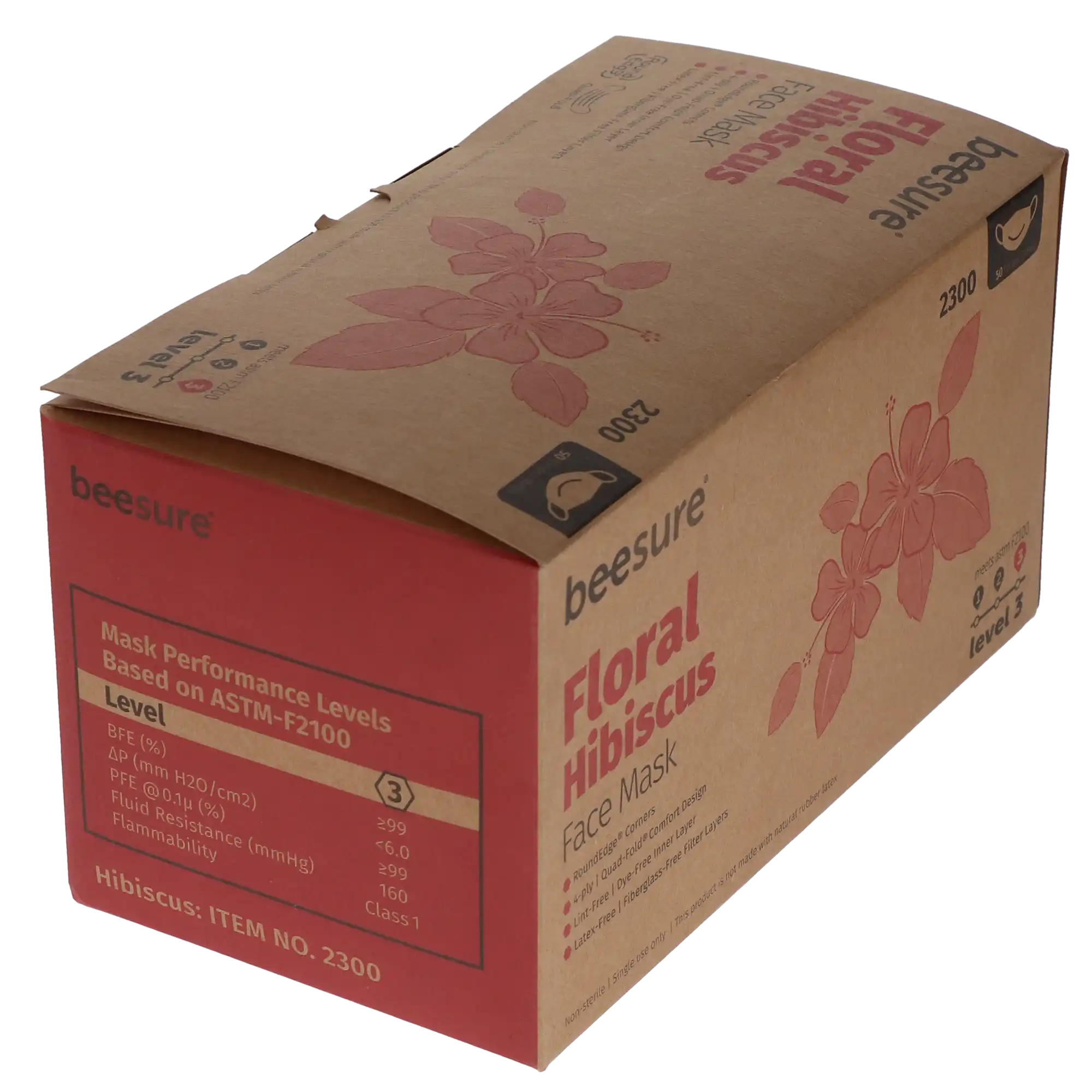 BeeSure Floral Earloop Face Mask, ASTM Level 3, Hibiscus Pink, 50/Box, BE2300 thumbnail 4