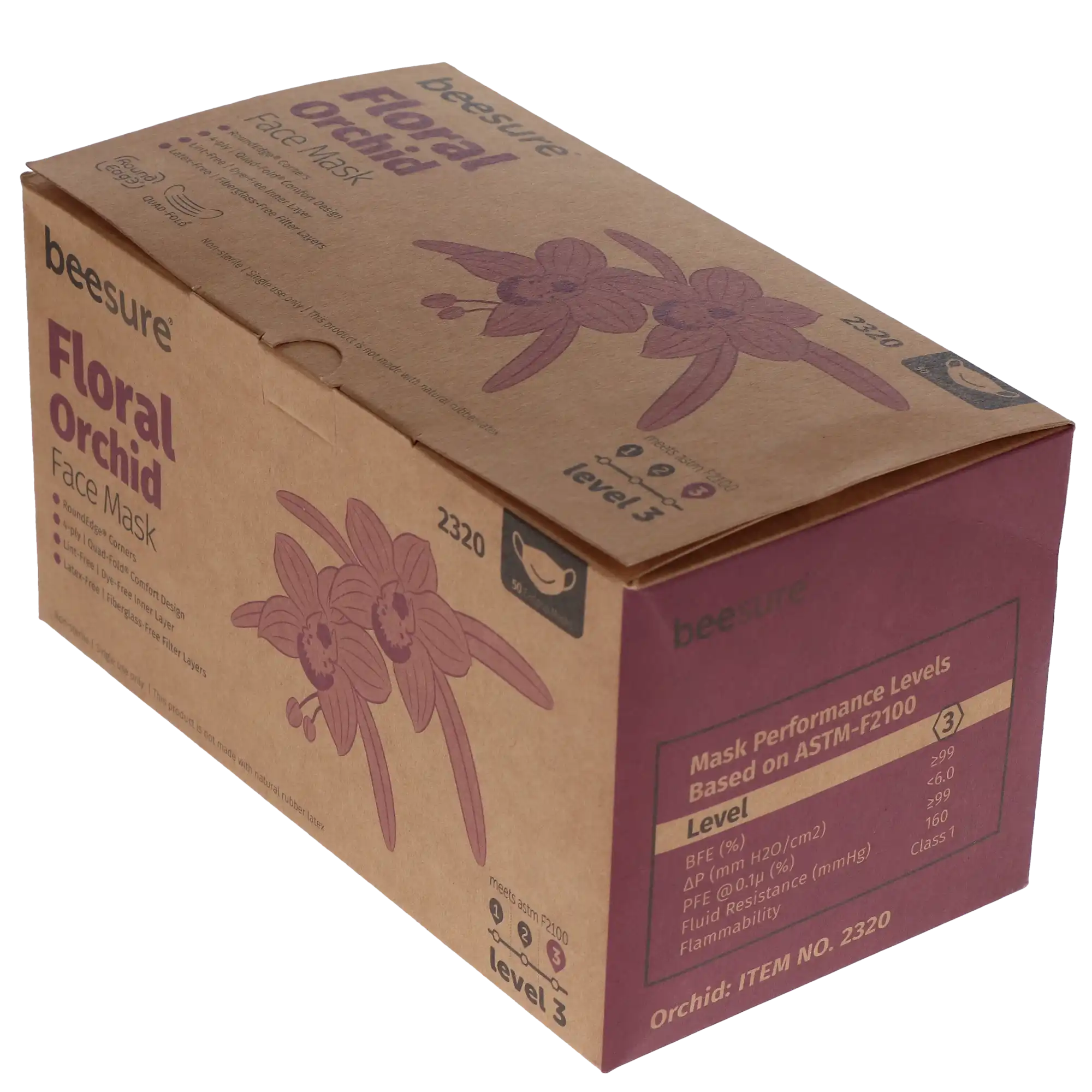 BeeSure Earloop Face Masks, Orchid Floral Lavender, ASTM Level 3, 50/Box thumbnail 2