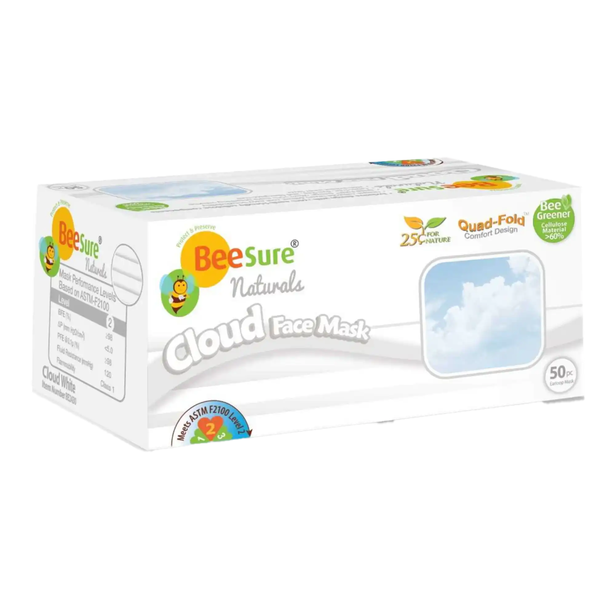 BeeSure Naturals Masks Cloud White, Earloop, ASTM Level 3, 50/Box, 2430 - BeeSure Naturals Masks Cloud 50/Bx, 2430 - Image 1
