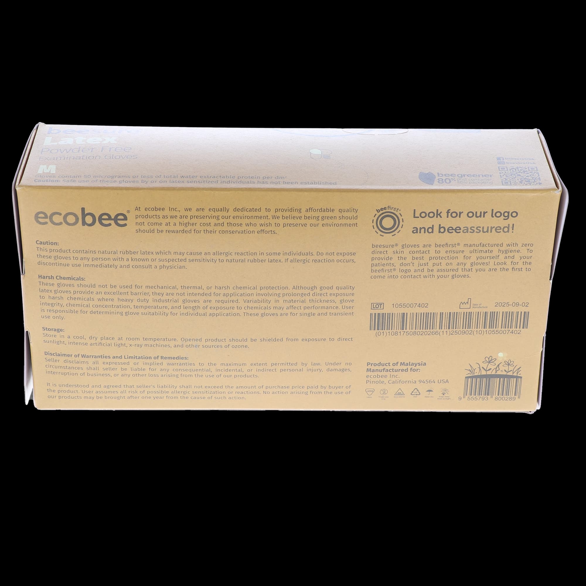 BeeSure Latex Powder-Free Exam Gloves, Medium, Natural, 100/Box, 2817 thumbnail 3