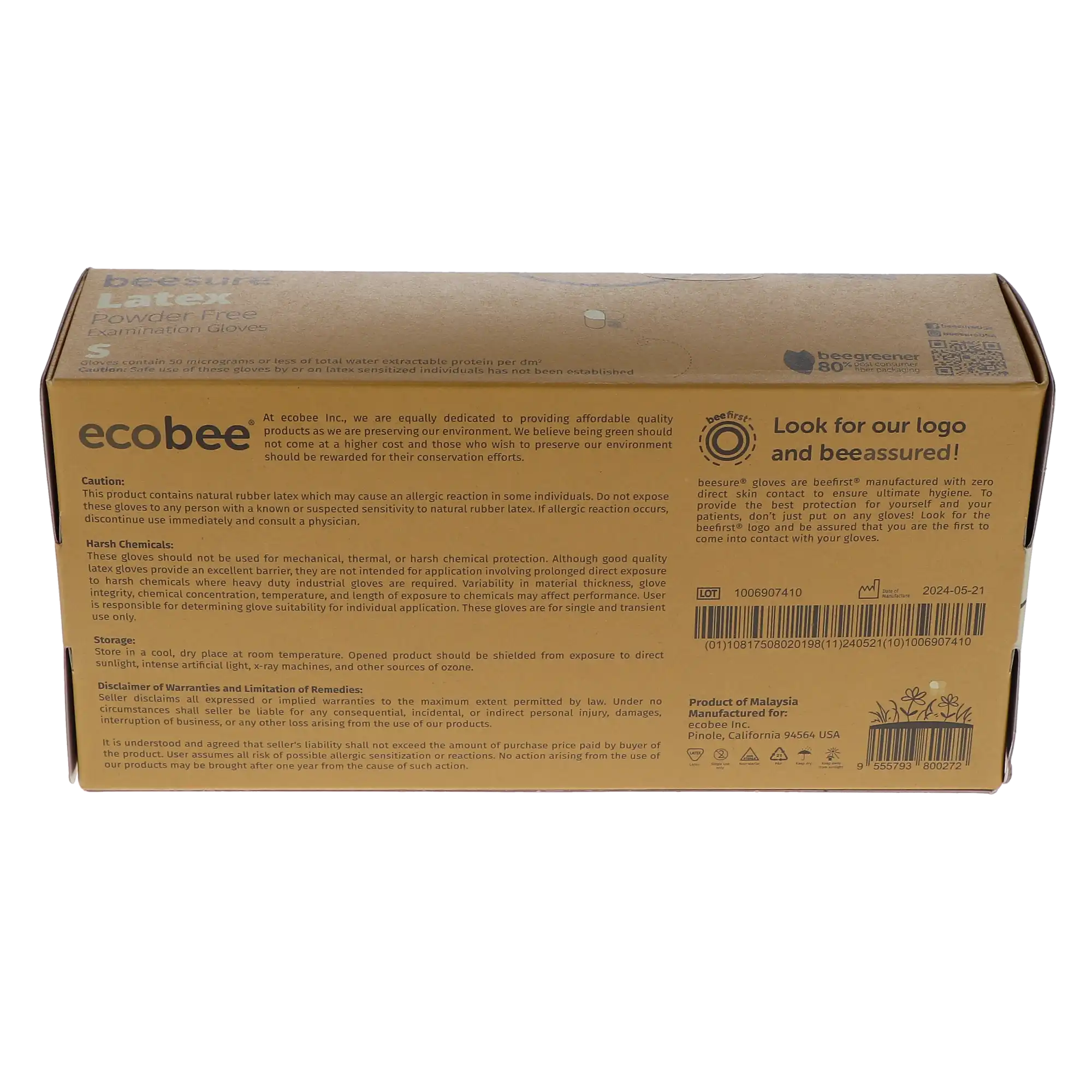 BeeSure Latex Powder-Free Exam Gloves, Small, Natural, 100/Box, 2816 thumbnail 2