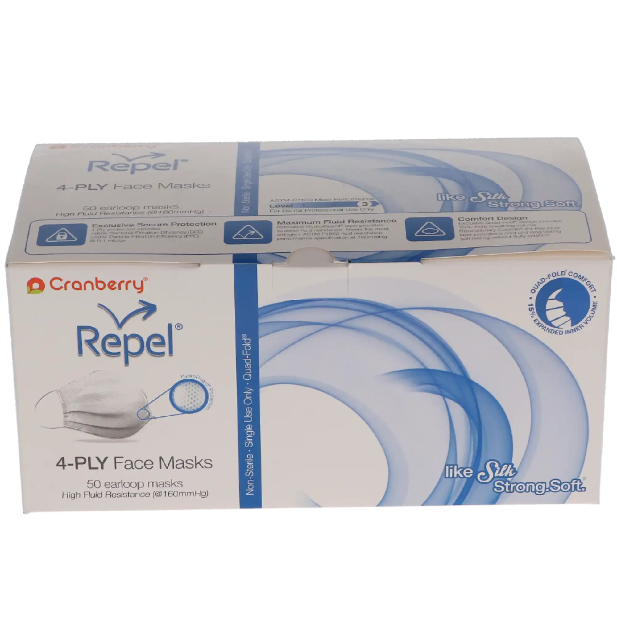 Cranberry Repel 4-Ply Earloop Procedure Face Mask, ASTM Level 3, Pearl Silver, 50/Box, R2960SI thumbnail 16