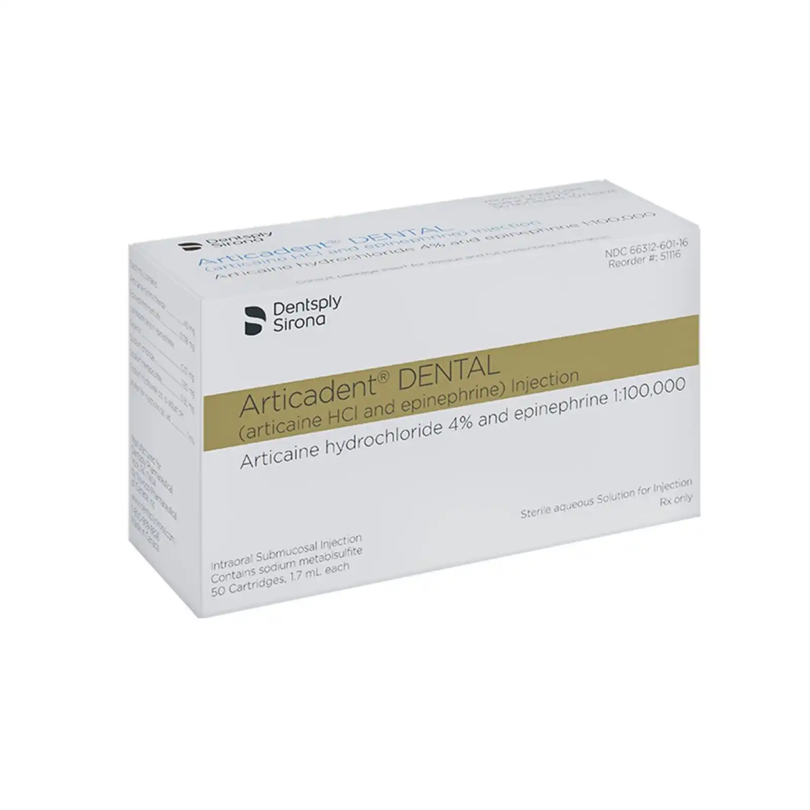 Articadent 4% Articaine HCl with Epinephrine 1:200,000 Dental Anesthetic Cartridges, 1.7 mL, 50/Pk - Articaine 4% Articadent, 1:200,000 Injection, Silver, 50/Pk - Image 1