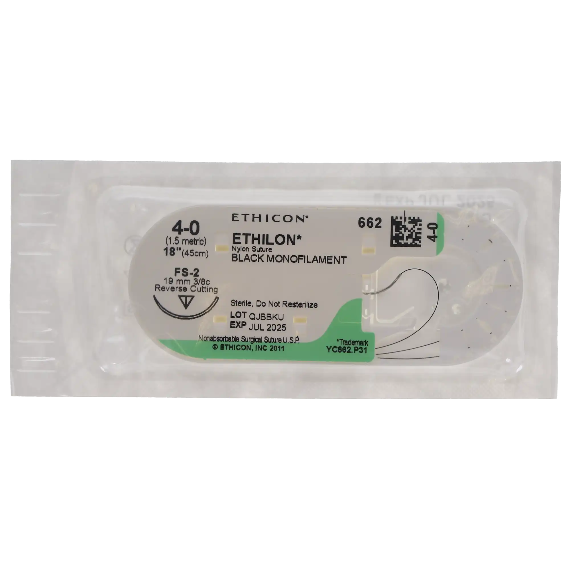 Ethicon Ethilon Nylon Monofilament Non-Absorbable Suture, 4-0, 18", FS-2 Reverse Cutting 3/8 Circle Needle, Black, 12/Box, 662G thumbnail 5