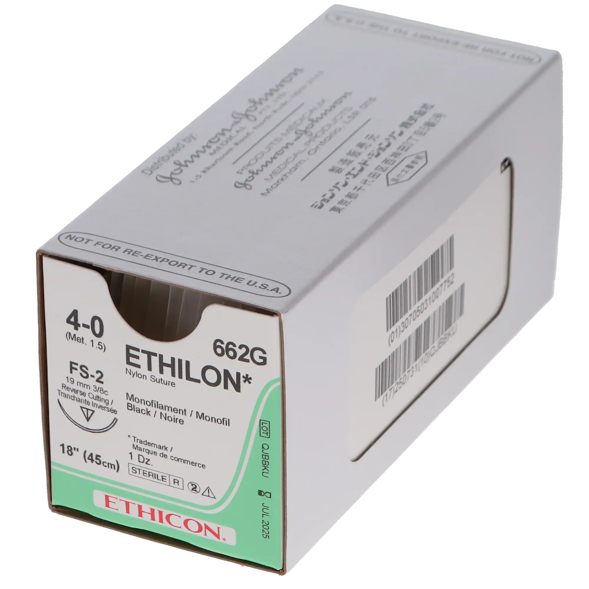Ethicon Ethilon Nylon Monofilament Non-Absorbable Suture, 4-0, 18", FS-2 Reverse Cutting 3/8 Circle Needle, Black, 12/Box, 662G thumbnail 6