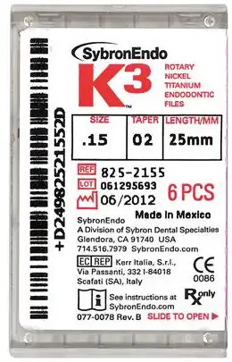 K3 Nickel Titanium Rotary Endodontic File, #15, .02 Taper, 25 mm, White, 6/Pk, 825-2155 thumbnail 8