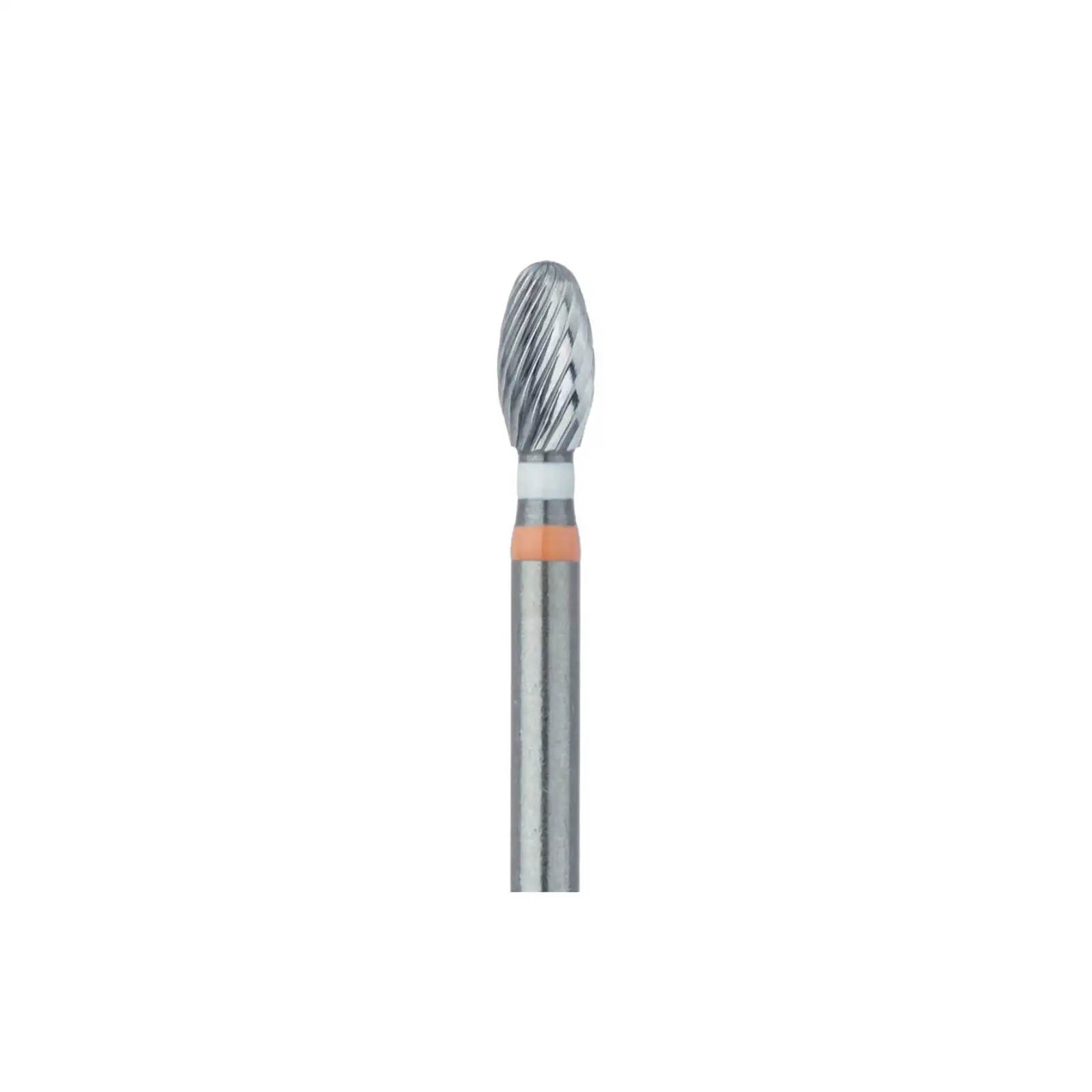 Meisinger Tungsten Carbide Twist Trimming and Finishing Bur, Friction Grip, Egg/Football, 7408, 2.3 mm, Ultra Fine, White/Orange, 5/Pk, D0379U-023-FG - Tungsten Carbide Twist Trimming and Finishing Bur, Friction Grip, Egg, 7408, 2.3 mm, Ultra Fine, White/Orange, 5/Pk, D0379U-023-FG - Image 1