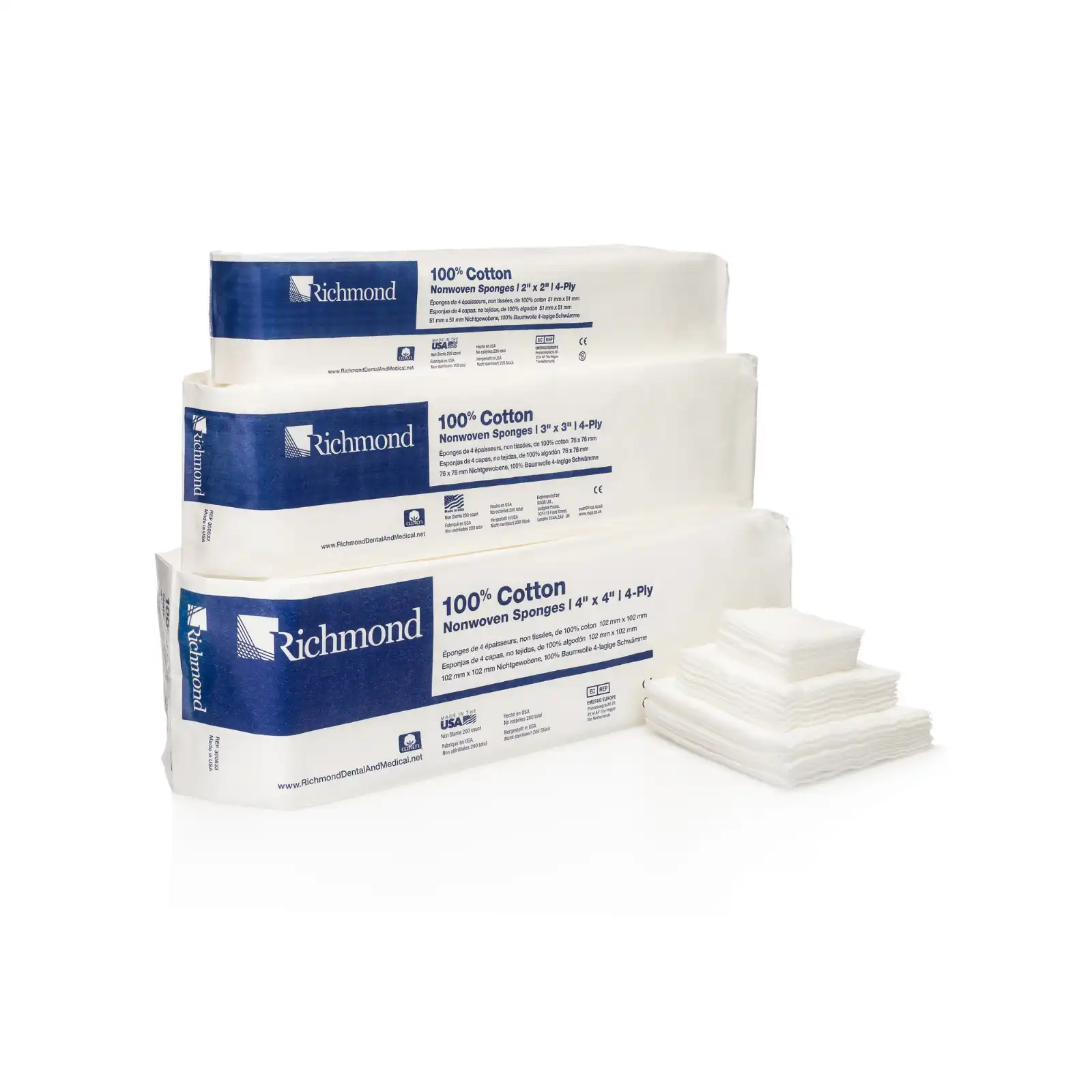 Richmond 100% Cotton Nonwoven Sponges, 3" x 3", 4-Ply, Non-Sterile, 4000/Case (20 Sleeves of 200), 300632 thumbnail 2