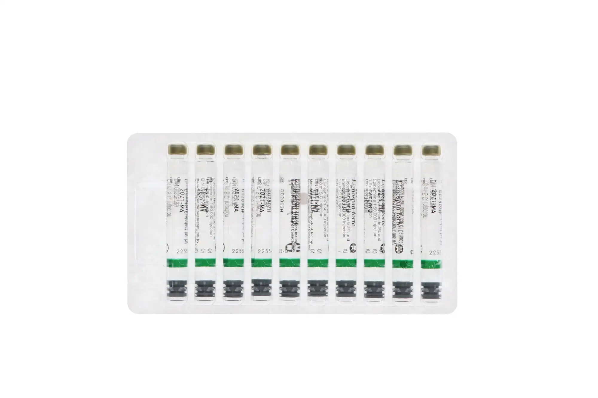Septodont Lignospan Forte, Lidocaine HCl 2% with Epinephrine 1:50,000, 1.7 ml Dental Cartridges, Green, 50/Pk, 99164 - Lignospan Forte, Lidocaine HCl 2%, with Epinephrine, 1:50,000, 1.7 ml, Green, 50/Pk, 99164 (Discontinued) - Image 1