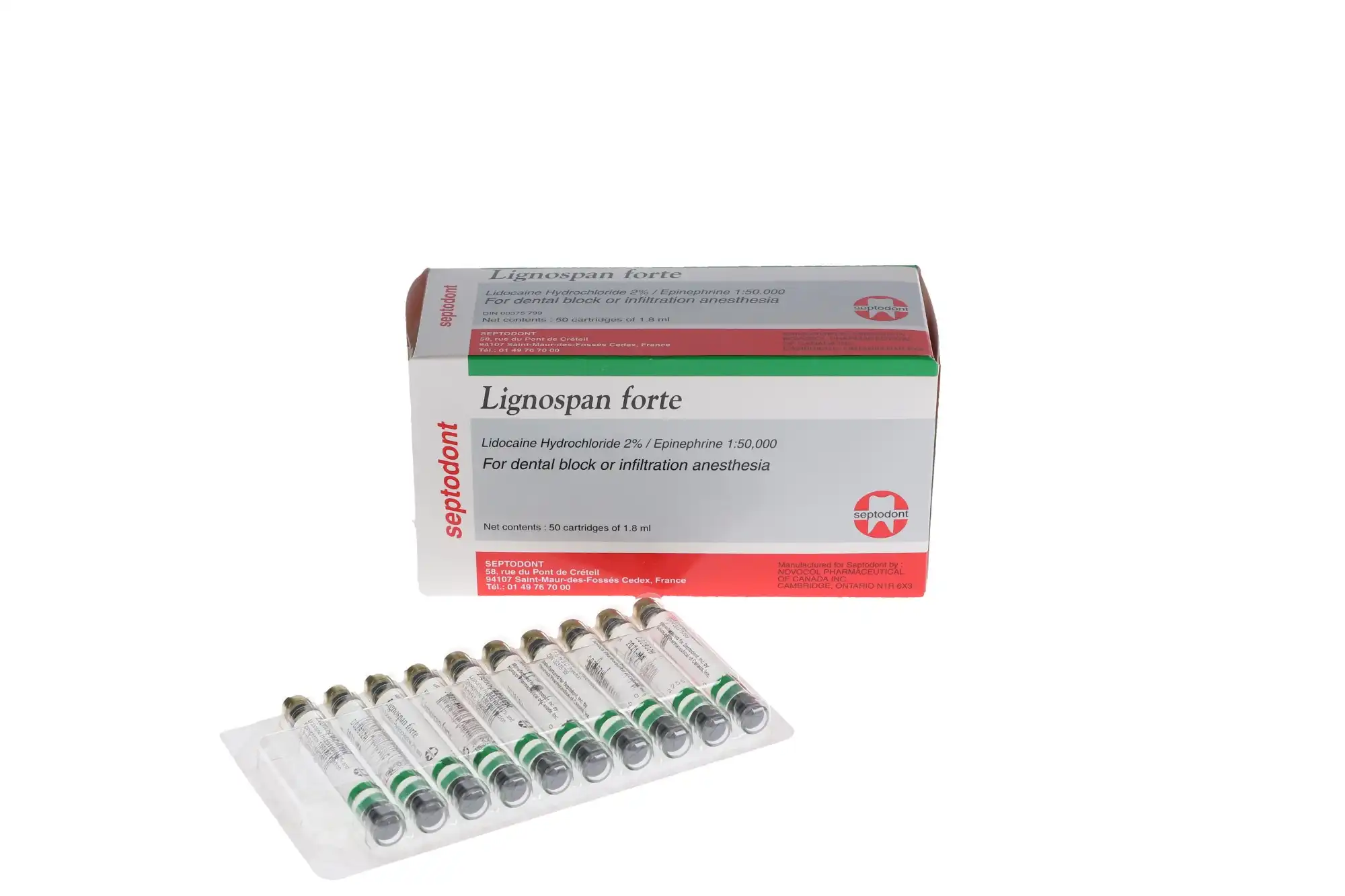 Septodont Lignospan Forte, Lidocaine HCl 2% with Epinephrine 1:50,000, 1.7 ml Dental Cartridges, Green, 50/Pk, 99164 thumbnail 2