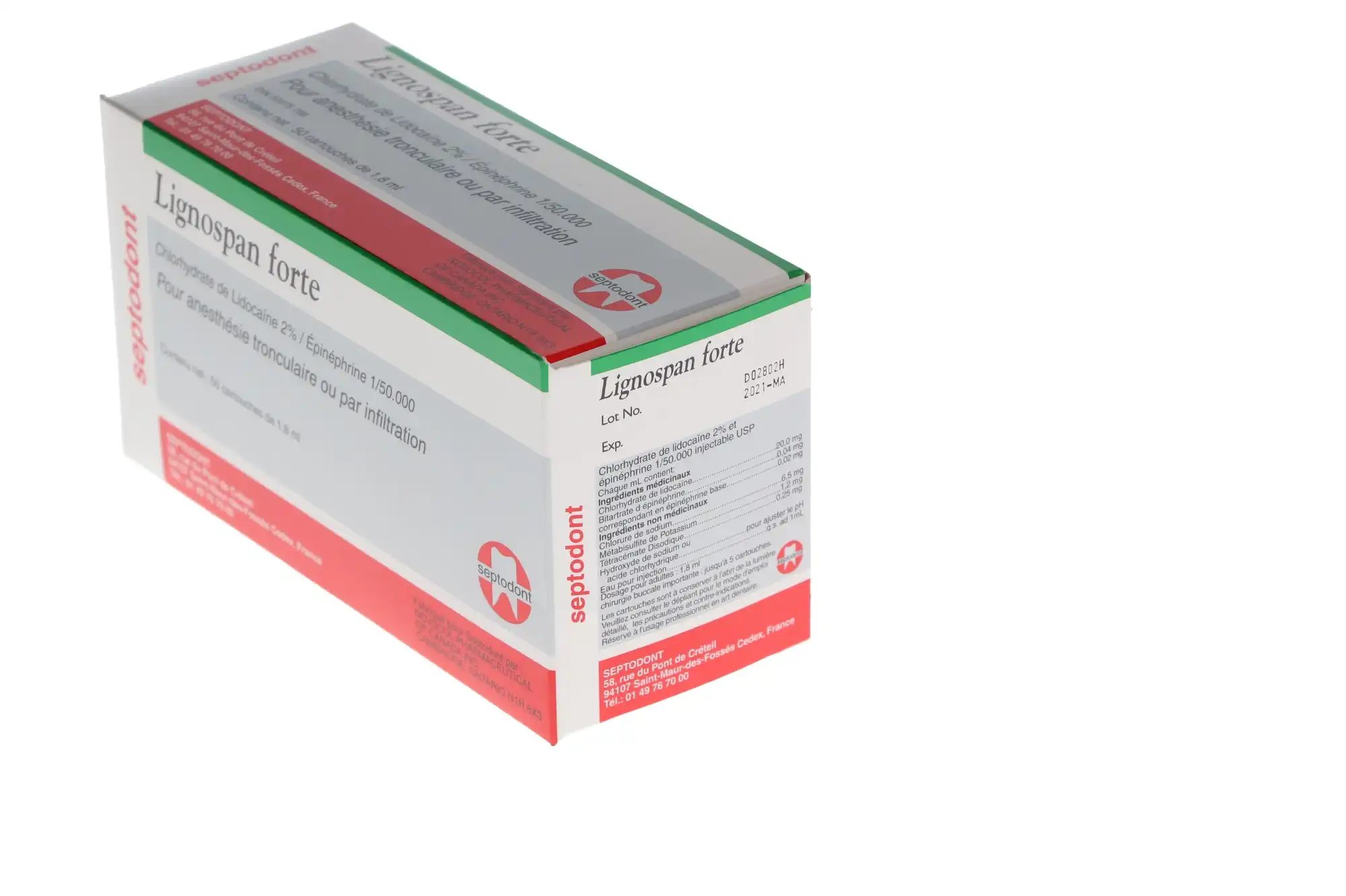 Septodont Lignospan Forte, Lidocaine HCl 2% with Epinephrine 1:50,000, 1.7 ml Dental Cartridges, Green, 50/Pk, 99164 thumbnail 3