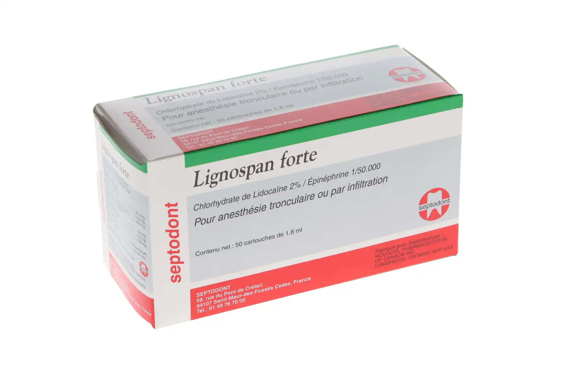 Septodont Lignospan Forte, Lidocaine HCl 2% with Epinephrine 1:50,000, 1.7 ml Dental Cartridges, Green, 50/Pk, 99164 thumbnail 4