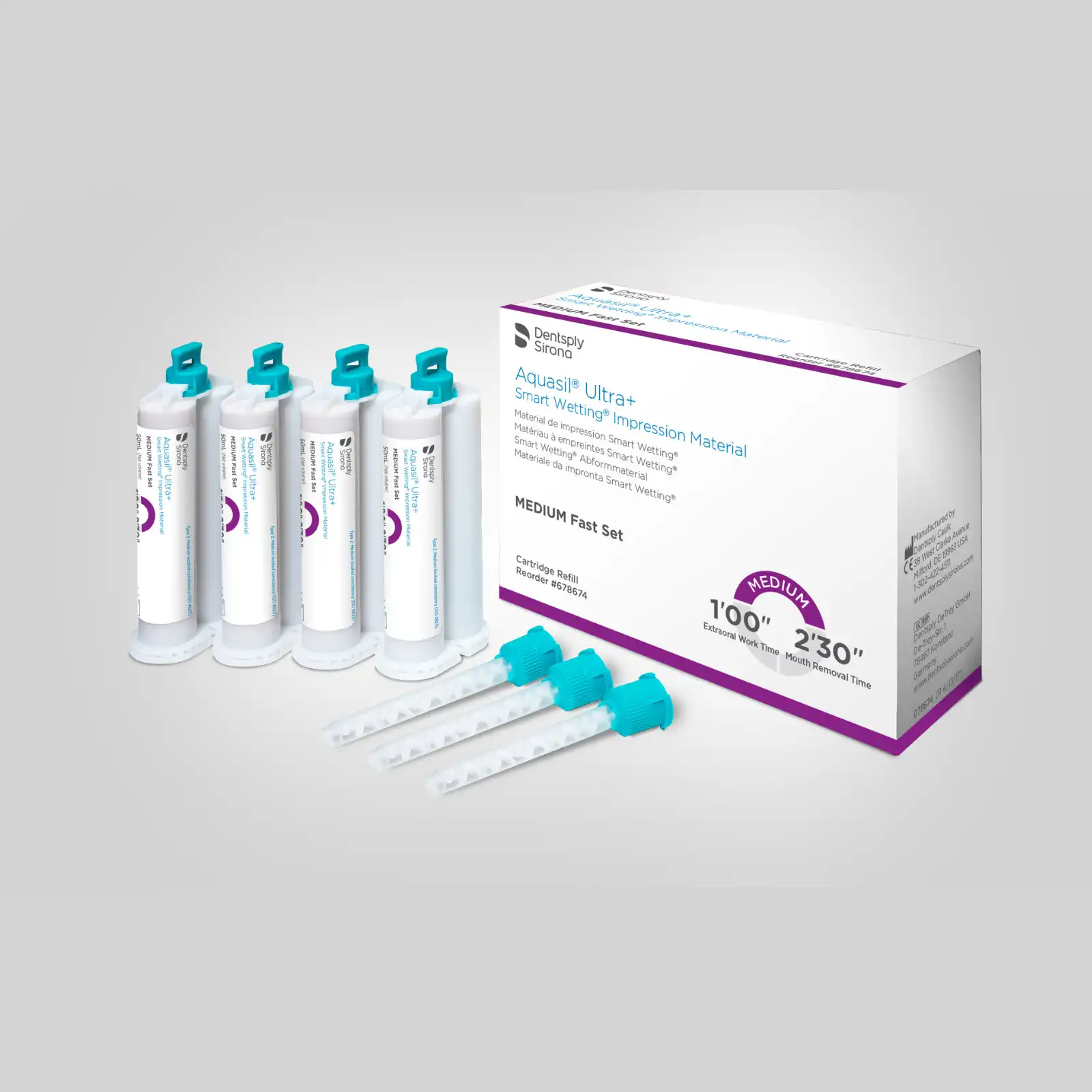 Aquasil Ultra+ Smart Wetting VPS Impression Material, Cartridge Refill Pack, Medium Body, Fast Set, 50 ml, Mint, Purple, 4/Pk, 678674 thumbnail 3