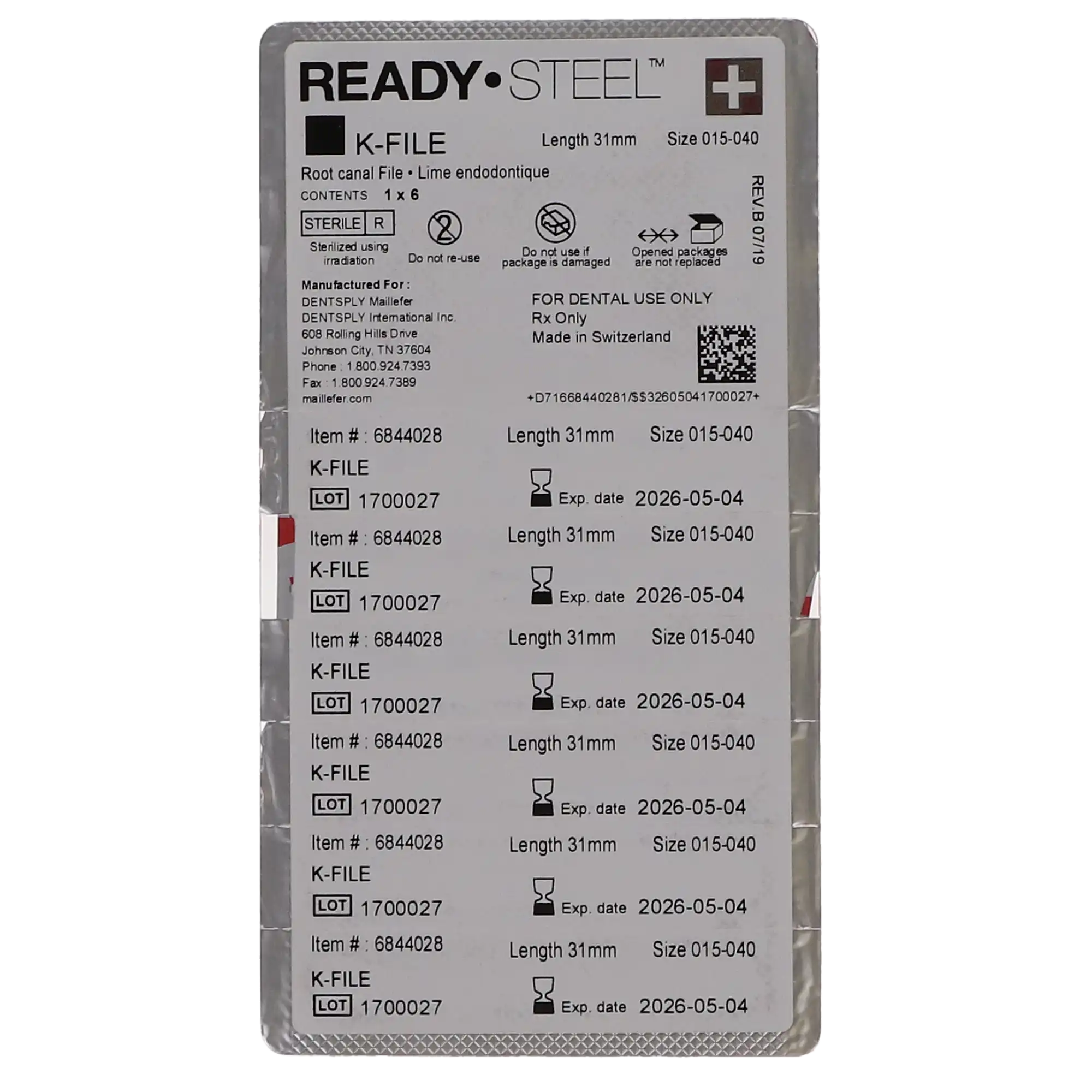 Dentsply Maillefer READYSTEEL K-File, Stainless Steel, Sterile, 31mm, #15-40 Assorted, 6/Pk, 6844028 thumbnail 6