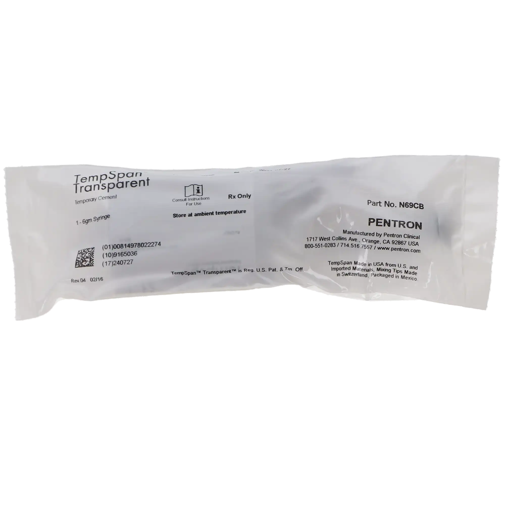 TempSpan Temporary Cement, Transparent, Eugenol-Free Dual-Cure Resin, Auto-Mix Syringe, 6g (4.5 mL), 12 Tips, 1/Pk, N69CB (Discontinued) thumbnail 3