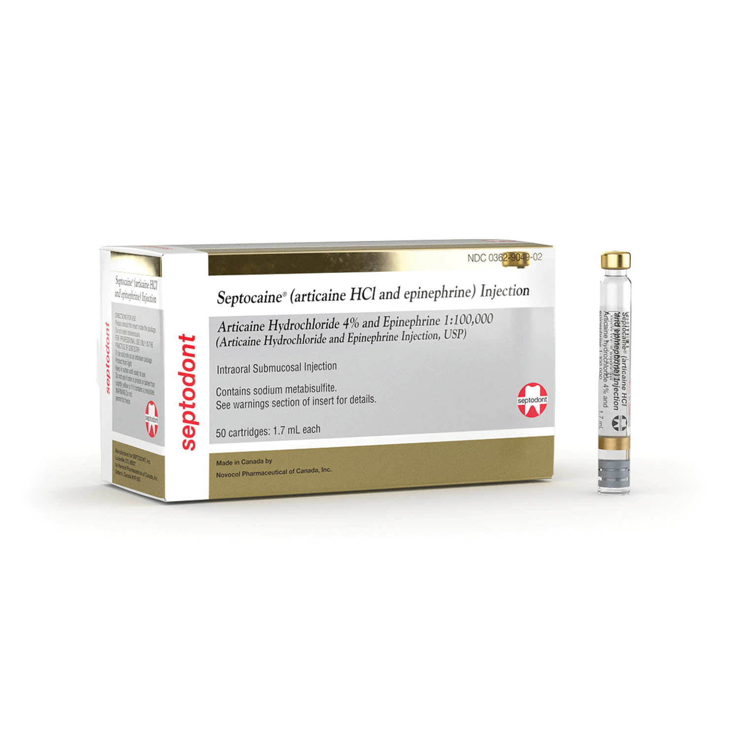 Septocaine Articaine HCl 4% with Epinephrine 1:100,000 Dental Anesthetic Cartridges, 1.7 mL, 50/Box, Gold Box, 01A1400 thumbnail 15