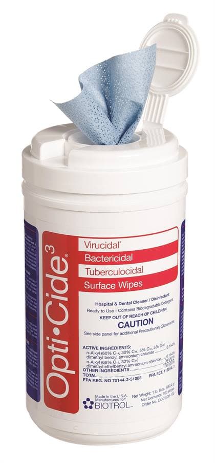 Opti-Cide3 Surface Disinfectant Wipes, 7" x 10", 100 Wipes per Canister, 6 Canisters per Case - Opti-Cide3 Surface Wipes 7"x10" (100) - Image 1