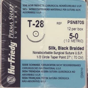 Hu-Friedy Perma Sharp® Non-Absorbable Silk Black Braided Sutures, 5-0, 27" Length, T-28 Taper Point Needle, 1/2 Circle, 17.5mm, Box of 12, PSN870S thumbnail 4