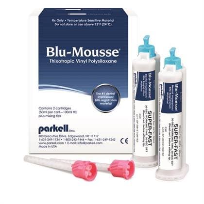 Parkell Blu-Mousse Scent-Free Classic VPS Bite Registration Paste, 2-Minute Set, Standard Cartridges, 2 x 50 mL (100 mL Total), with Mixing Tips - Blu-Mousse Scent-Free Classic (2-minute set), 2 - 50 mL Cartridges, STANDARD - Image 1