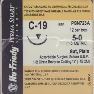 Hu-Friedy Perma Sharp Plain Gut Absorbable Suture, 5-0, C-19 Reverse Cutting 1/2 Circle Needle, 18 in, Undyed, 12/Box thumbnail 8