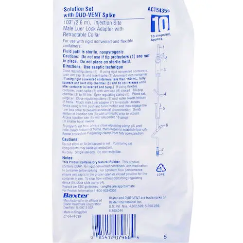 Baxter IV Solution Set with Duo-Vent Spike, 103" Tubing, 10 Drops/mL, Male Luer Lock Adapter, 6" Injection Site, Sterile, ACT5435 thumbnail 5