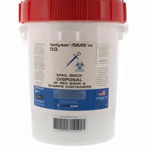 Isolyser SMSm 5 Gallon Mail-Back Sharps and Red Bag Medical Waste Disposal System, White with Red Lid, 1/Pkg, SMSM5G thumbnail 2