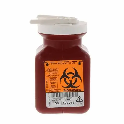 Medegen Nonstackable Sharps Container, Polypropylene, Red, Short Tray with Needle Remover, 0.7 Qt, 158 - Nonstackable Sharps Containers – Polypropylene, Red - Short Tray, with Needle Remover, 0.7 Qt - Image 1