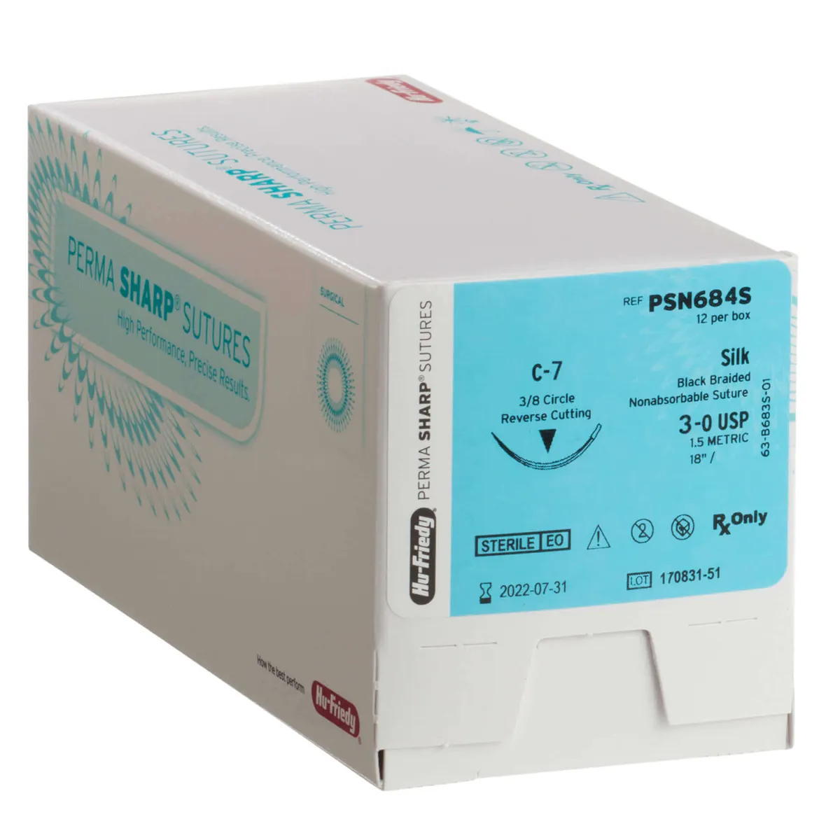 Hu-Friedy Perma Sharp Silk Suture, 3-0, Black Braided, 18", C-7 Reverse Cutting Needle, 3/8 Circle, 24.3mm, 12/Box, PSN684S thumbnail 5