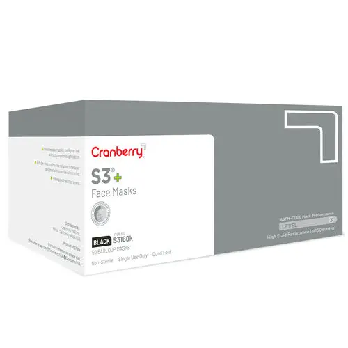 Cranberry S3+ ASTM Level 3 Procedure Face Mask, Black, Ear Loop, 50/Box, S3160K thumbnail 19