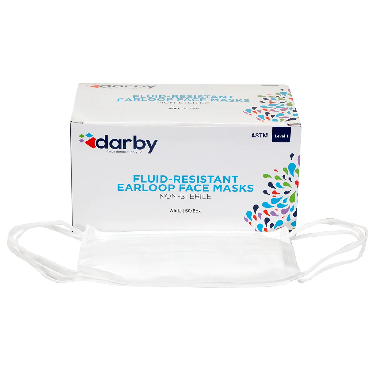 Darby Dental ASTM Level 1 Earloop Face Mask, White, 50/Box, 5255754 - ASTM Level 1, 50/Box, White, 5255754 - Image 1