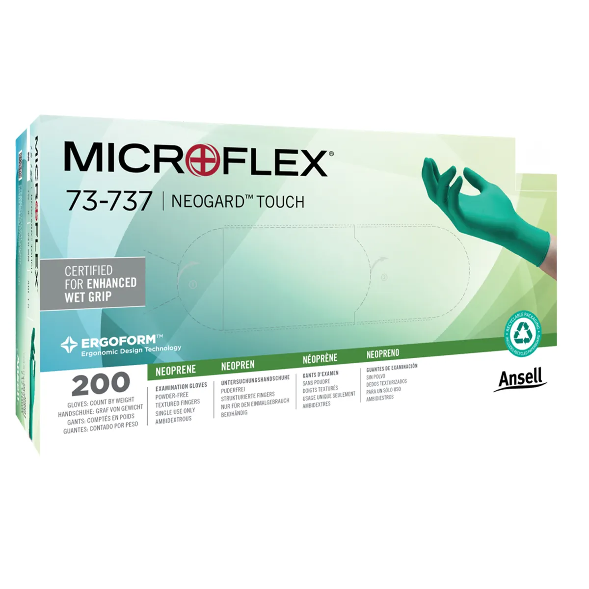 Microflex Neogard Touch 73-737 Neoprene Exam Gloves, Powder-Free, Latex-Free, Textured Fingertips, Large, Green, 200/Box, 73737090 thumbnail 8