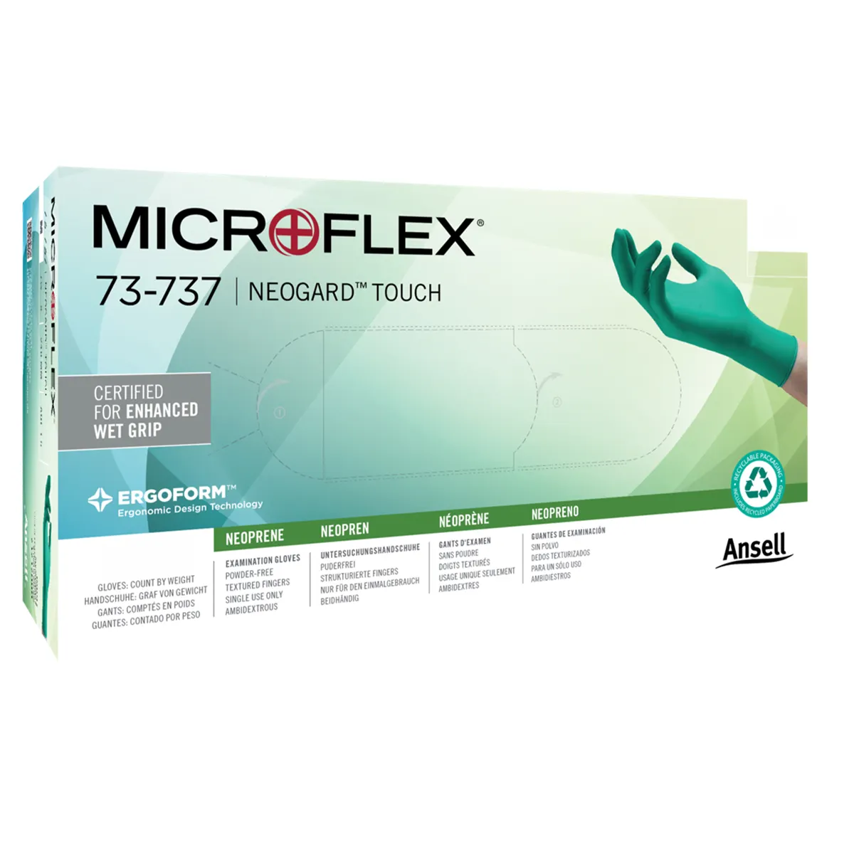 Microflex Neogard Touch 73-737 Neoprene Exam Gloves, Powder Free, Latex Free, Textured Fingertips, Extra Large, Green, 180/Box thumbnail 3
