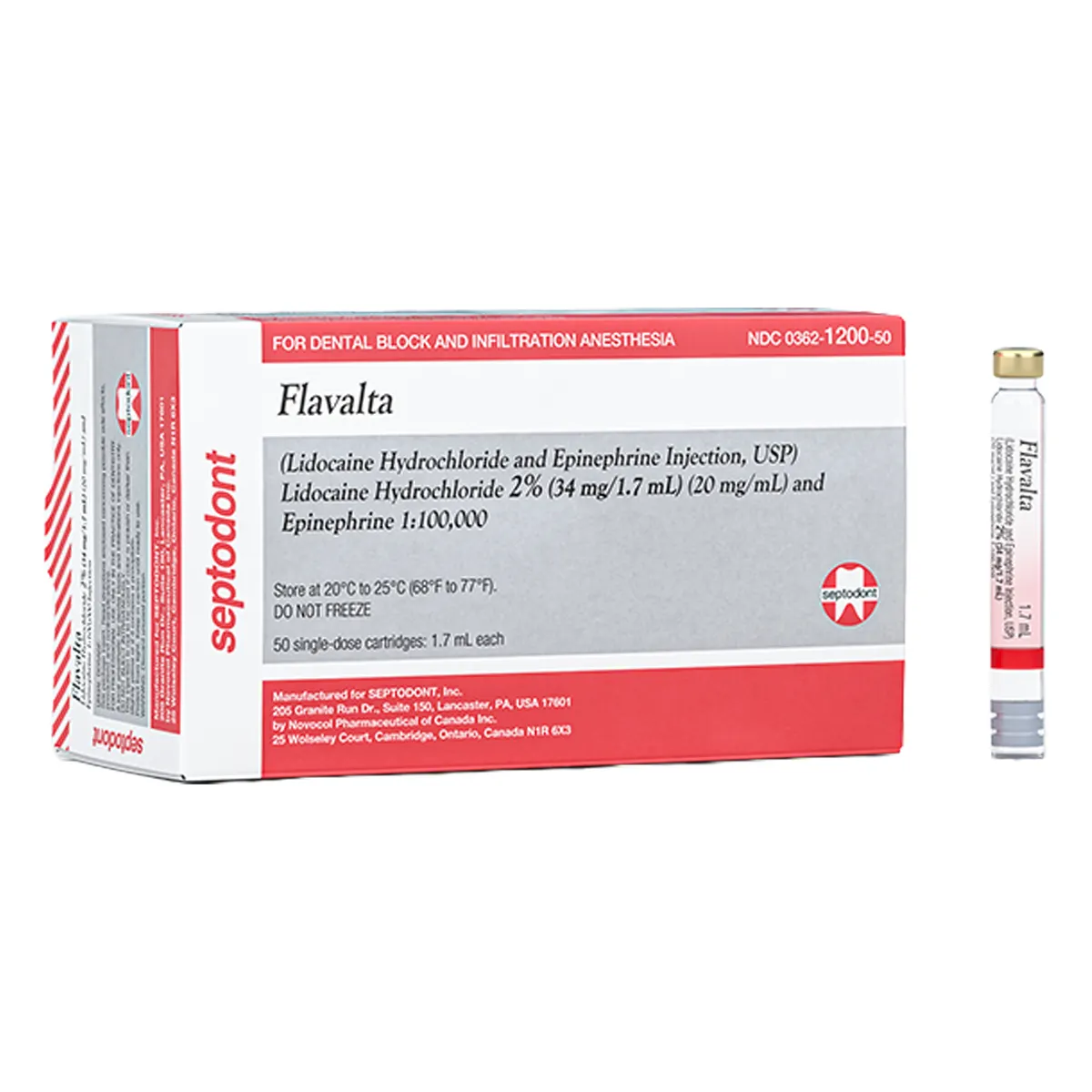 Flavalta Lidocaine HCl 2% with Epinephrine 1:100,000 Dental Anesthetic Cartridges, 1.7 mL, 50/Box, NDC 00362-1200-50 thumbnail 2
