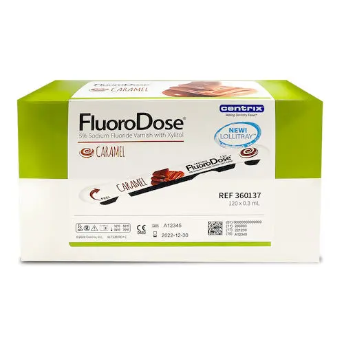 Centrix FluoroDose Fluoride Varnish, 5% Sodium Fluoride, Caramel, 0.3 mL Single-Dose LolliPack with Benda Brush, 120/Pkg, 360137 thumbnail 4