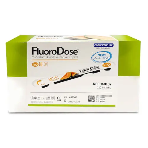 FluoroDose Fluoride Varnish, 5% Sodium Fluoride, Melon Flavor, 0.3 mL Single-Dose LolliPack with Benda Brush, 120/Pkg, 360107 thumbnail 4