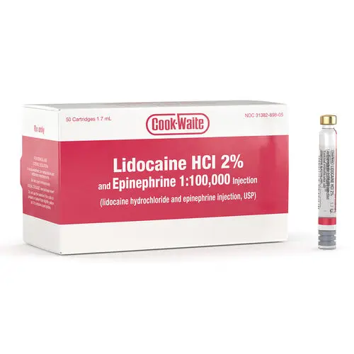 Cook-Waite Lidocaine HCl 2% with Epinephrine 1:100,000 Injection, 1.7 mL Cartridges, 50/Box, Red, 99167 - Cook-Waite Lidocaine 1:100000 Red Box of 50 - Image 1