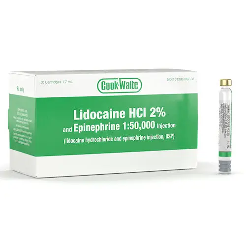 Cook-Waite Lidocaine HCl 2% with Epinephrine 1:50,000 Injection, 1.7 mL Glass Cartridges, 50/Box, 99169 - Cook-Waite Lidocaine 1:50000 Green Box of 50 - Image 1
