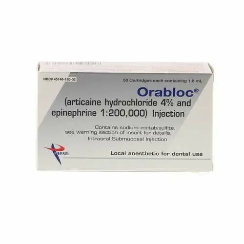Orabloc Articaine HCl 4% with Epinephrine 1:200,000 Injection Cartridges, 1.7 mL, Blue, 50/Pk, 2101052 thumbnail 5