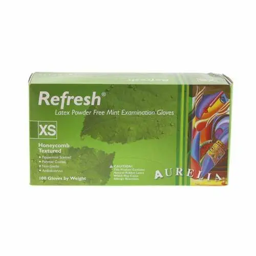 Aurelia® Refresh™ Powder-Free Latex Exam Gloves, Peppermint Scented, Green, Extra Small, 100/Box, 99225 - Aurelia® Refresh™ Exam Gloves Green with Peppermint Fragrance, 100/Pkg - Extra Small - Image 1