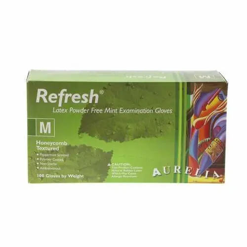 Aurelia Refresh Powder-Free Latex Exam Gloves, Peppermint Scented, Green, Medium, 100/Box, 99227 - Aurelia® Refresh™ Exam Gloves Green with Peppermint Fragrance, 100/Pkg - Medium - Image 1