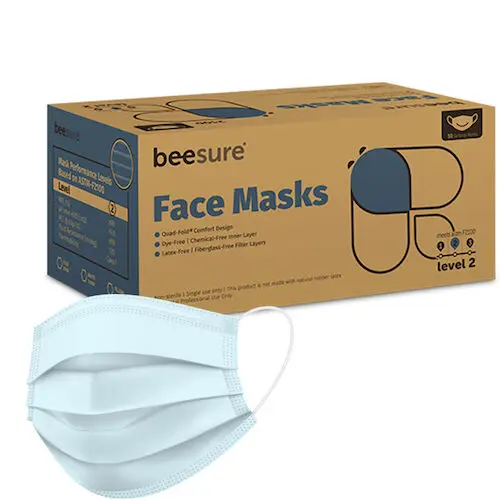 BeeSure Earloop Face Masks, ASTM Level 2, 4-Ply, Quad-Fold, Blue, 50/Box, 2100B thumbnail 3