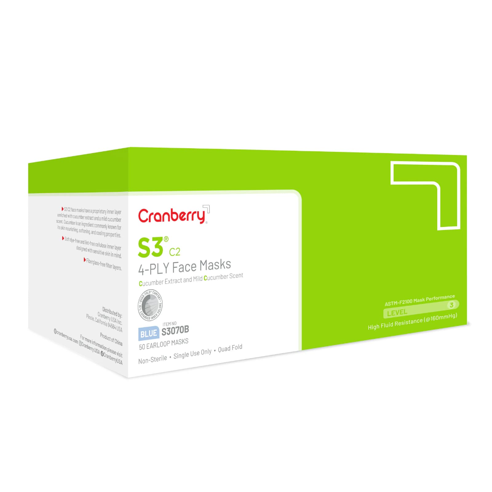 Cranberry S3 C2 Earloop Face Masks, ASTM Level 3, Blue, Cucumber Extract, 50/Box, S3070B thumbnail 10
