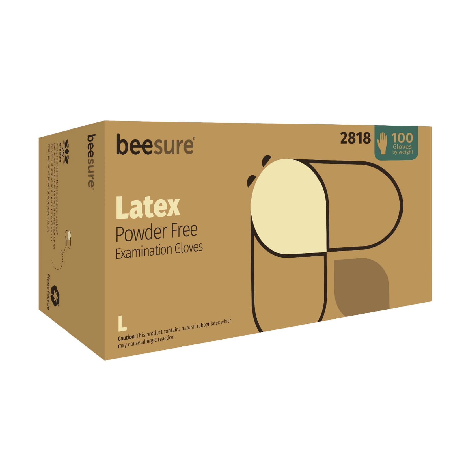 BeeSure Latex Powder-Free Exam Gloves, Large, Natural, 100/Box, 2818 thumbnail 2