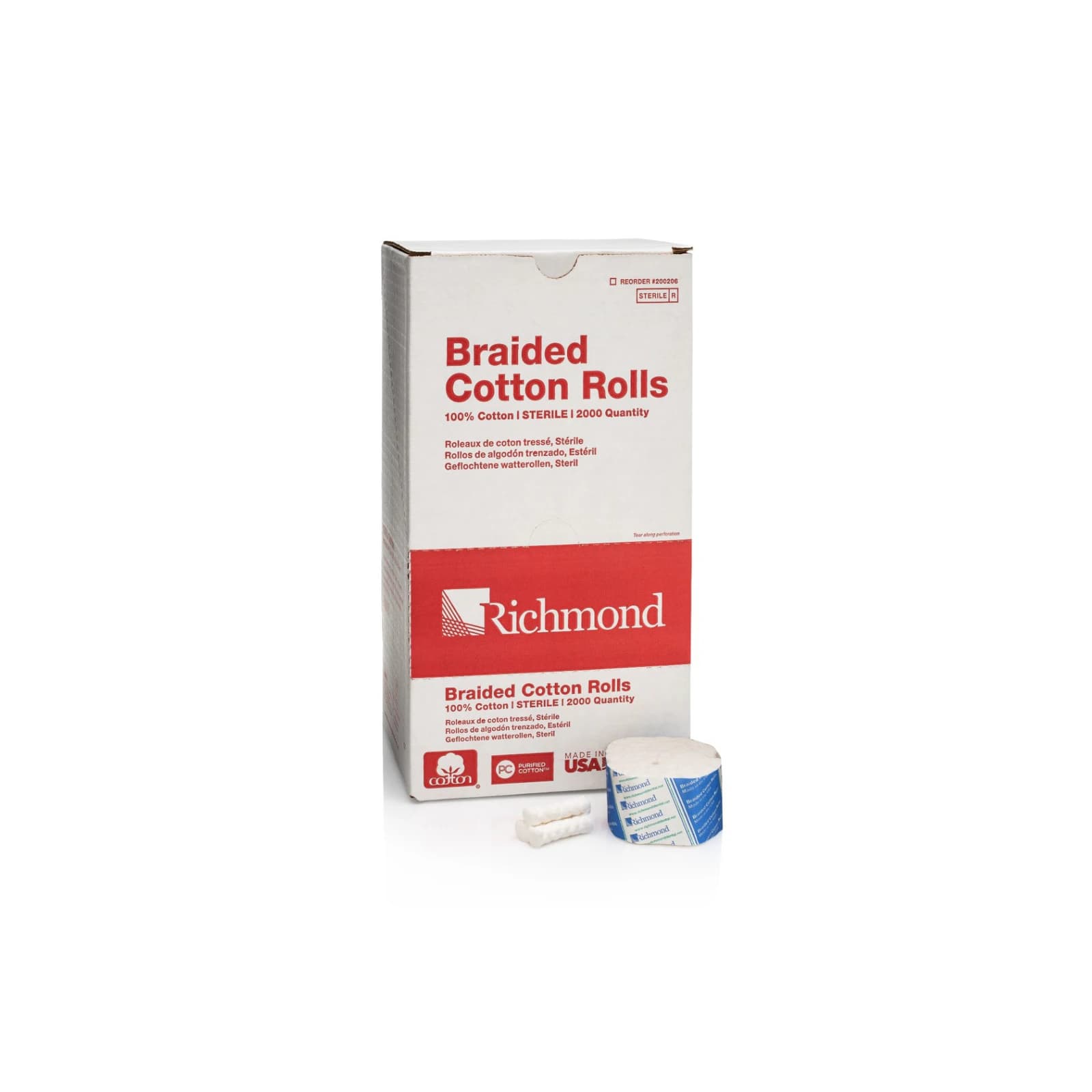Richmond Braided Cotton Rolls, Sterile, Medium, 3/8" x 1 1/2", 2000/Box, 200206 thumbnail 9