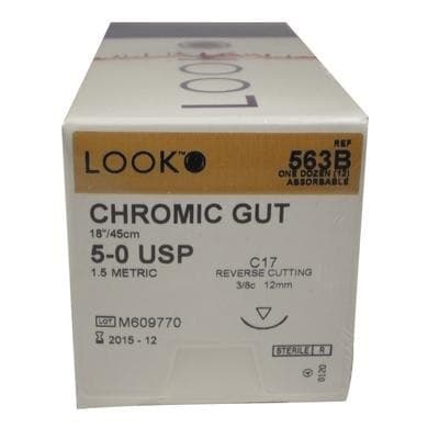 Look Chromic Gut Absorbable Surgical Suture, 5-0, 18"/45 cm, C17 Reverse Cutting Needle, 3/8 Circle, 12 mm, Undyed, 12/Pk, 563B thumbnail 6