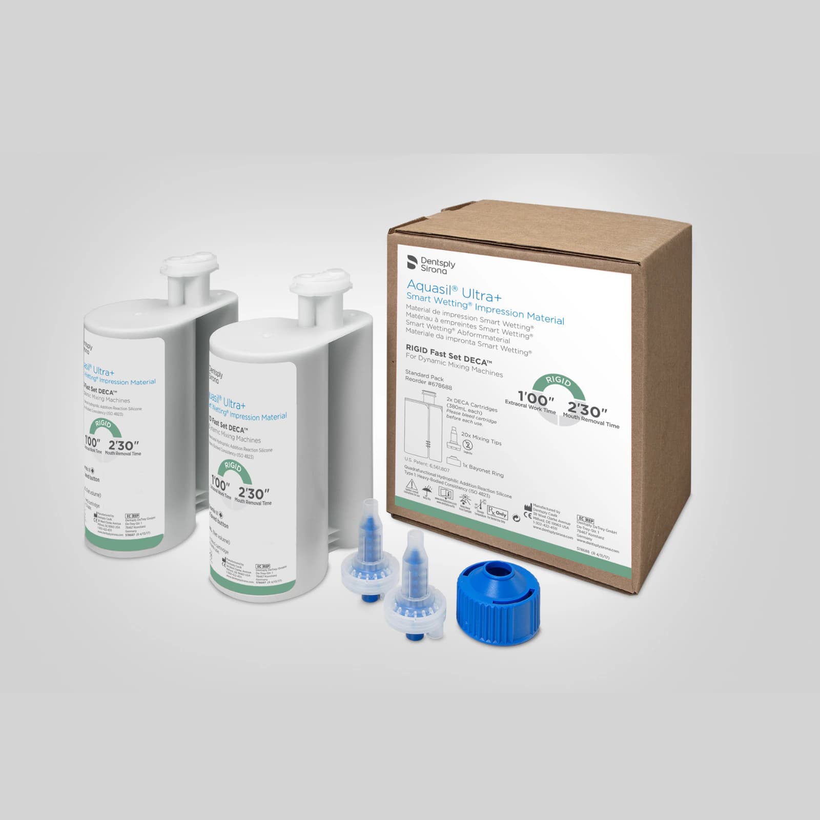 Aquasil Ultra+ Smart Wetting Impression Material, Rigid Body, Fast Set, Light Green, Mint, 2 x 380 mL DECA Cartridges, 20 Mixing Tips, 1 Bayonet Ring, 678688 thumbnail 3