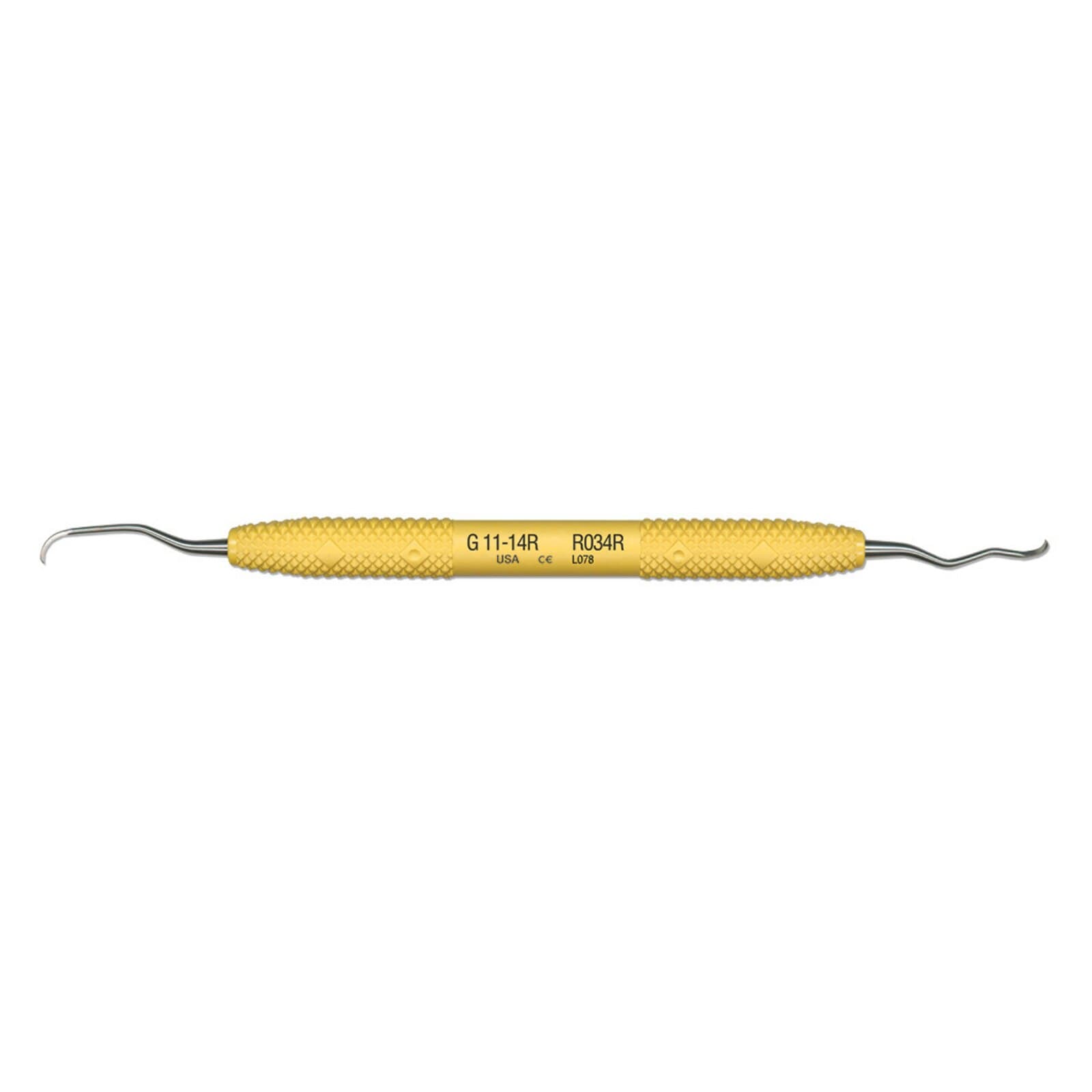 PDT Amazing Gracey 11/14 Rigid Curette, Double End, Yellow Resin Handle, R034R thumbnail 2