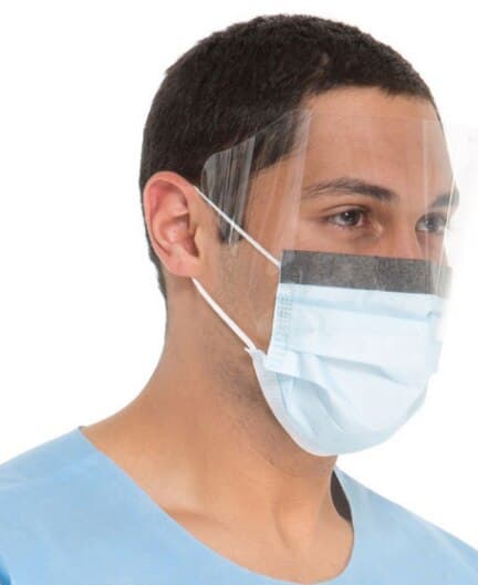 Essentials Earloop Mask with Full-Face Shield, Blue, 4-Ply, Anti-Fog, 25/Box - Essentials Earloop Masks with Shield, Blue, 25/Pk - Image 1